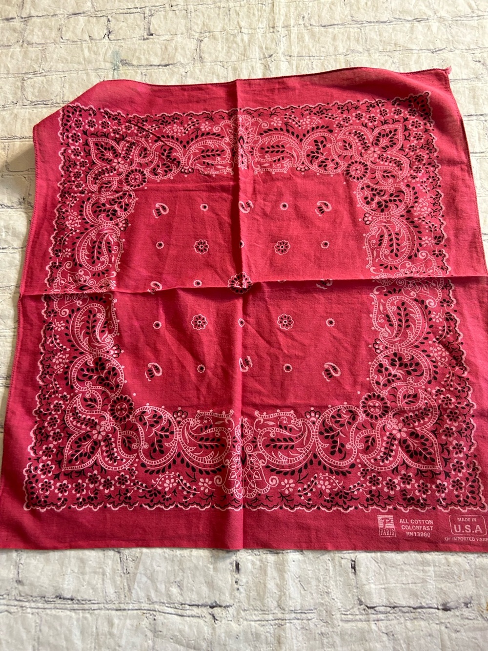 PARIS ALL COTTON COLORFAST USA MADE PINK BLACK/WHITE PAISLEY HANDKERCHIEF SCARF